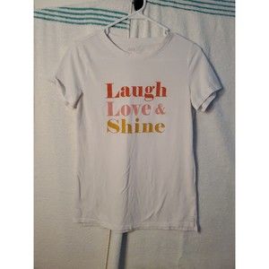Woman’s a.n.a Petite White Cuffed Sleeve Laugh Love T-shirt Top Size S
